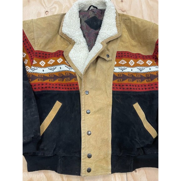 Vintage Suede Sherpa Jacket Coat Southwestern Pattern Mens Size Large WIB - Picture 3 of 11